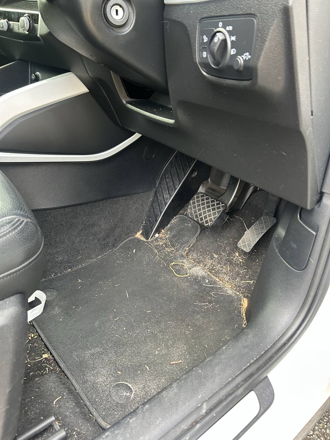 Driver footwell before detailing — grass clippings and dirt in the carpet